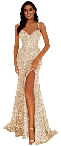 Generisch Frauen Meerjungfrau Pailletten Abschlussball Kleider V-Ausschnitt RüCkenfrei Brautjungfernkleid Langer Schlitz Formelle Abendparty Ballkleid Champagne M