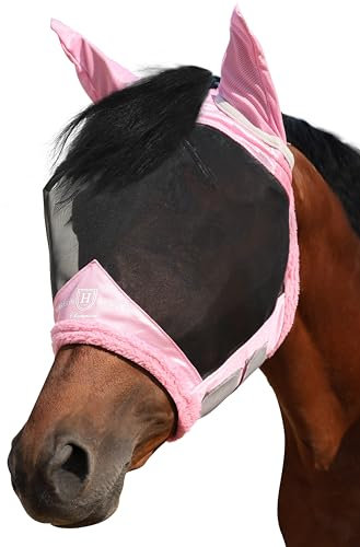 Harrison Howard Fliegenmaske Pferd UV Schutz Feinmaschig mit extra Wolle Soft Touch auf Haut Fliege und UV-Schutz Hellrosa M