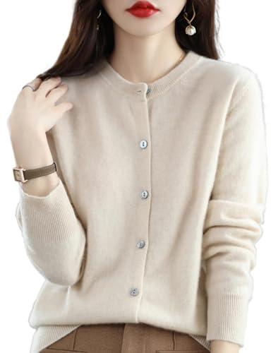 Cardigan in cashmere da donna, cardigan a maniche lunghe con bottoni frontali in cashmere 2024, maglioni elastici in maglia morbida e calda, Beige, M