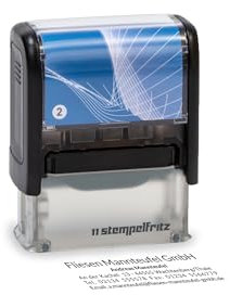 Selbstfärbender Stempel stempelfritz Gr.2 direkt hier Erstellen – personalisierter Firmenstempel, Adressstempel, Namensstempel oder Familienstempel – Gehäuse Schwarz-Blau, 47x18mm, max. 5 Zeilen