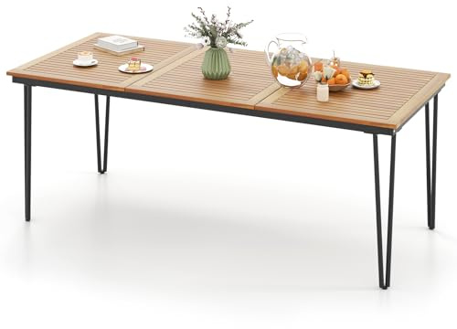 COSTWAY Tavolo da Pranzo a 8 Posti, Tavolo da Giardino 200 cm in Legno di Acacia, con Foro per Ombrellone da 5 cm, Gambe in Metallo, per Giardino, Cortile, Portata 75 kg (Modello 2)