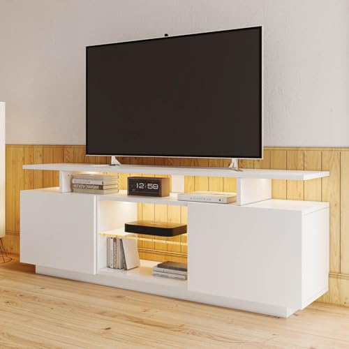 PUGSDRLY Meuble TV avec éclairage LED, meuble TV bas avec 5 compartiments ouverts et 2 espaces de rangement, table TV armoire de rangement avec compartiment en verre pour téléviseur 60 pouces (Blanc