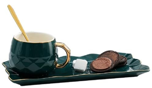 FülleMore Europäische Kaffeetasse mit Kuchenteller und Löffel,220ml Porzellan Espressotasse mit 25x11cm groß Untertasse Goldrand Cappuccino Tasse mit Dessertteller Kaffeeservice Set (Grün)