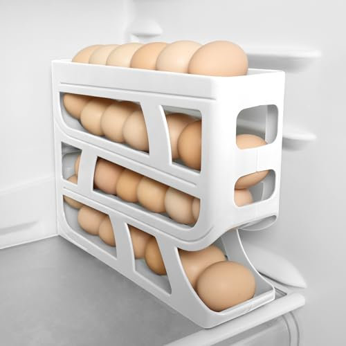 HOTUT Caja de Almacenamiento de Huevos, 4 Capas Organizador Frigorifico, Nevera Soporte Rodante Para Huevos Estante para 30 Huevos, Huevera Para Nevera, Organizador de Huevos para Cocina - Blanco