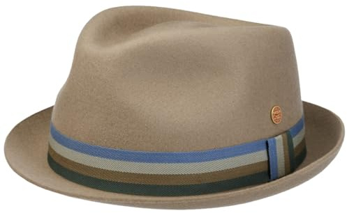 Mayser Samu Striped Band Player Wollhut Porkpie Pork-Pie-Hut Wollfilzhut Filzhut Herren - Made in The EU mit Ripsband Frühling-Sommer Herbst-Winter Frühjahr Sommer Herbst Winter - M (56-57 cm) beige