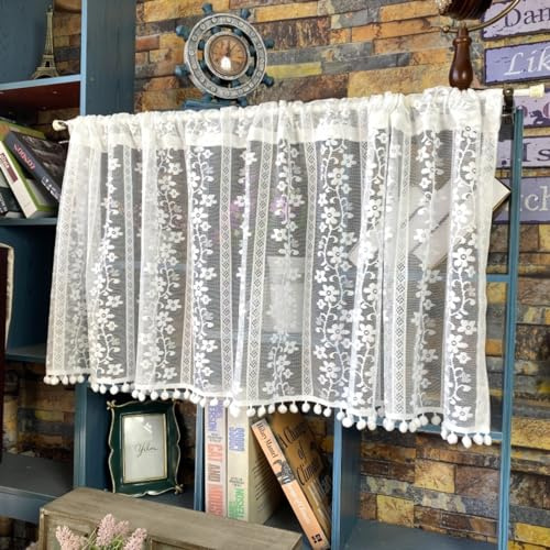 champracer Scheibengardine Küchenvorhang Baumwolle Hohl Boho Kurze Vorhang Stickerei Scheibengardine Landhausstil Bistrogardine Spitzen Vorhänge Halbtransparent Vorhang (90 x 20cm)