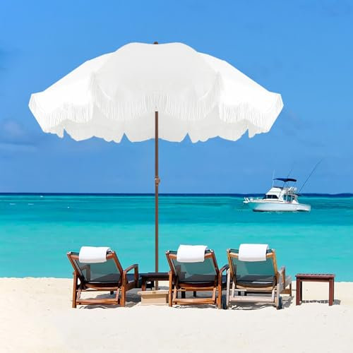 Sonnenschirm Strand 1,8 m tragbarer weißer Sonnenschirm mit Fransen, Strandschirme für Sand, UV-Schutz, neigbarer Terrassenschirm für den Außenbereich, wasserdichter Markttischschirm, 8 Streben für d