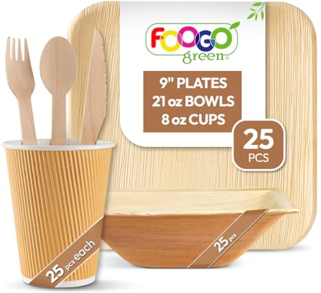FOOGO Green 150pcs Palm Leaf Plates and Bowls, Paper Cups and Cutlery Set | FSC® Certified, 25x Large Square Plates, 25x Bowls, 25x Cups, 25x Forks, 25x Knives, 25x Spoons, Eco Friendly