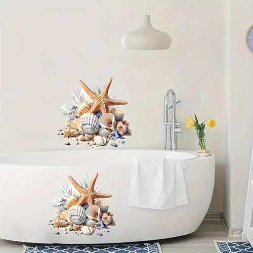 TOLOVIS Starfish Shell Oceans Bathtub Toilet Stickers Decals,Fish Bird Flower Leaf Waterproof Bathtub Lid Tank Seat Decals Cistern Self-Adhesive Bathroom Wall Sticker, Transparent