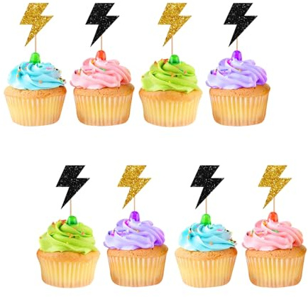 24pcs Lightning Cupcake Toppers, Lightning Bolt Cupcake Toppers, Black Glitter Weather Cake Decoration for Baby Shower, Lightning Weather Themed Birthday Party Supplies