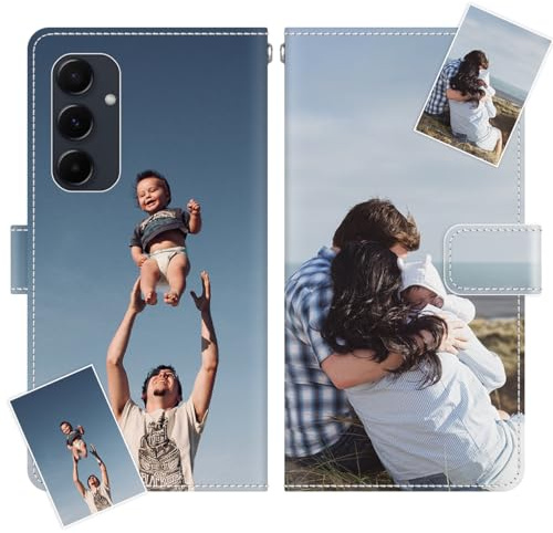 JGOYGYI Personalisierte Leder Handyhülle kompatibel mit Samsung Galaxy A55 5G,Individuelle Eigenem Foto Bild Text Bildern Foldable Flip Klapphüllen Case hülle+Handykette