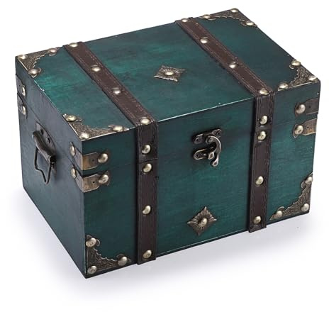 ELLDOO Vintage Treasure Chest, Pirate Keepsakes Box for Gifts, Wooden Storage Box, Green Decorative Container for Jewelry, Pearl Trinkets, Tarot Cards - Medium