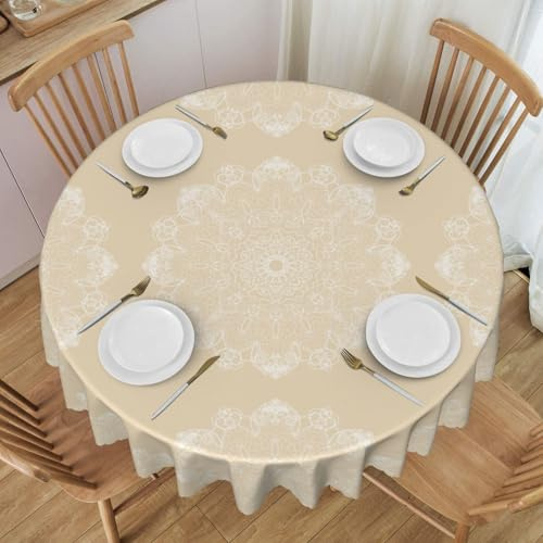 SNAIL GARDEN Runde Tischdecke 152cm (Beige) – Spülmaschinenfeste & Spritzwassergeschützte Wachstischdecke aus Polyester mit Blumen-Spitzendekor für Garten, Küche & Festliche Tischdekoration