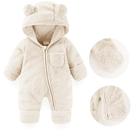 Fairy Baby Baby Snowsuit, Newborn Baby Bear Hooded Footed Romper Fleece Snowsuit Cartoon Flannel Zipper Jumpsuit Fall Winter Outfits White 59CM 0-3 Months