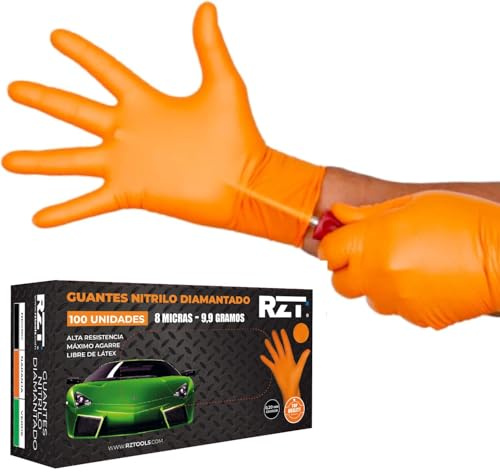 RZ TOOLS GUANTES de NITRILO DIAMANTADO naranjas - Los guantes de nitrilo MÁS RESISTENTES del mercado - SIN LÁTEX - REUTILIZABLES (Talla M Pack 100-7 micras)