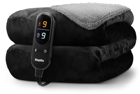 KEPLIN Large Electric Heated Throw Blanket - Electric Heated Blanket Throw for Bedspread 9 Heat Settings & Timer, Machine Washable Fleece Wool Duvet with 1 Year Warranty - Black/Grey Sherpa