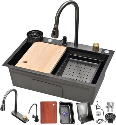 DSMRLEOP Black Stainless Steel Kitchen Sink - Multifunctional Workstation with Extendable Waterfall Tap, High Pressure Cup Rinse, Chopping Board, Siphon with Drain Basket, Overflow and Drain Fitting