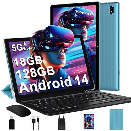 Tablette Android 14 avec 5G Wi-Fi 6, 18 Go RAM + 128 Go ROM(1 To Extensible), FHD Tablette Tactile avec Widevine L1, BT 5.0, 8 cœurs, 6000 mAh, 2 en 1 Tablette 10 Pouces avec Clavier et Souris, bleu