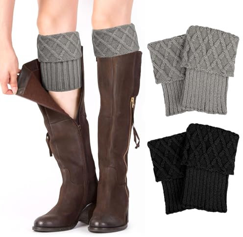 MELLIEX 2 Paare Damen Beinstulpen Winter Warme Kurze Beinwärmer Rautenmuster Gestrickte Bein Wärmer Legwarmer für Damen Mädchen - Schwarz und Grau