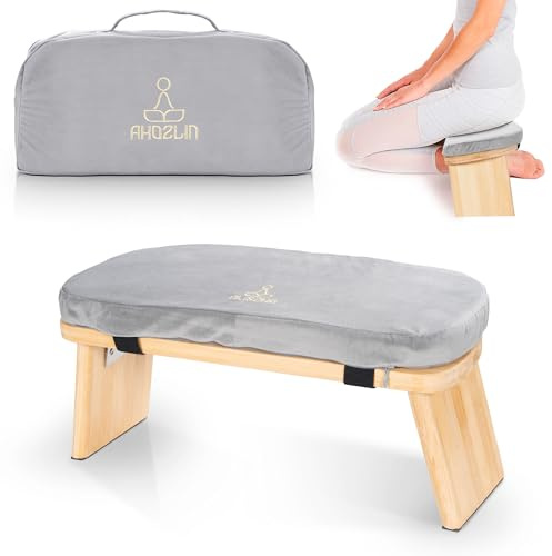 IPEB Meditation Bench Foldable Ergonomic Bamboo Meditation Stool Chair Sturdy Prayer Bench Yoga Stool Floor Sitting Kneeling Stool with Cushion,Suit for Meditations,Yoga,Prayer (Grey)