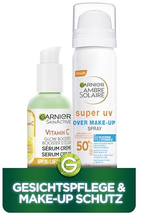 Garnier Gesichtspflege & Make-Up Schutz: Vitamin C Serum Crème für Feuchtigkeit & Glow + Ambre Solaire Over Make-up Spray - Für gesunde, strahlende Haut, geschützt vor Sonne & Umwelteinflüssen!