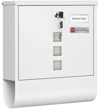WOLTU Buzon de Correo, Buzon Exterior con Cerradura de Aleación, Buzon con 3 Ventanillas y Placa de Nombre, con Zona Dividida para Periodicos, Blanco, 33,5 x 30 x 9,5 cm