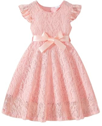 XIXIMAON Kids Girls Dress Toddler Baby Girl Formal Outfit Summer Clothes | Flying Sleeve Round Neck Zip Up A-Line Lace Dresses with Bow Belt Girls Princess Dress Birthday Party Wedding Outfit 3-10Y