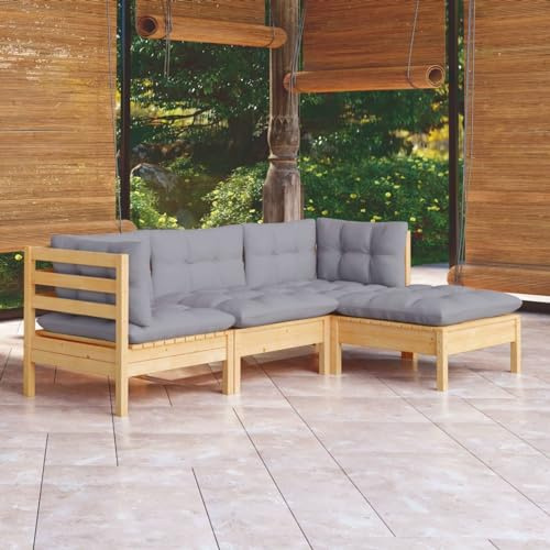 Fasba Kiefernholz Massiv Garten Lounge Set Holz, Gartenmöbel 4-TLG. mit Grauen Kissen Mittelsofa Ecksofa Fußhocker Sitzgruppe Sofa Lounge Garten Garnitur Gartenset Gartensofa
