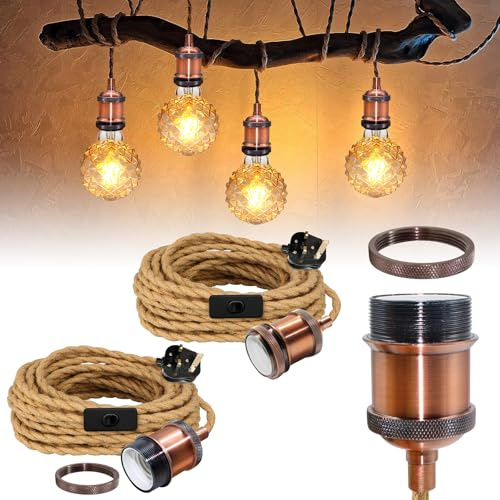 Rustic Plug in Rope Light Fitting, 2 Pcs Red Copper Hanging Lighting with 510 cm Plug in Cord, Vintage Brass Pendant Light Fixture with E27 Lamp Holder,Industrial DIY Lamp Kit for Loft Bar, No Bulb