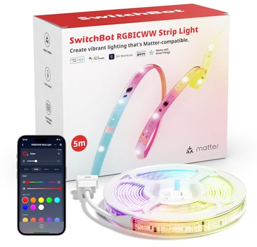 SwitchBot RGBICWW Striscia LED 5M, 72 LEDs/m Matter Luci LED Compatibili con Apple Home, Alexa, Google Home, 16 Milioni di Colori, Sincronizzazione Musicale, Smart Luci LED Camera da Letto, Cucina