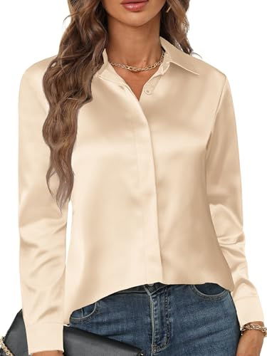 Zeagoo Camicia da Donna in Raso di Seta Camicetta Elegante Bluse Scollo a V Camicia a Maniche Lunghe Button Down a Tinta Unita Shirts Beige S