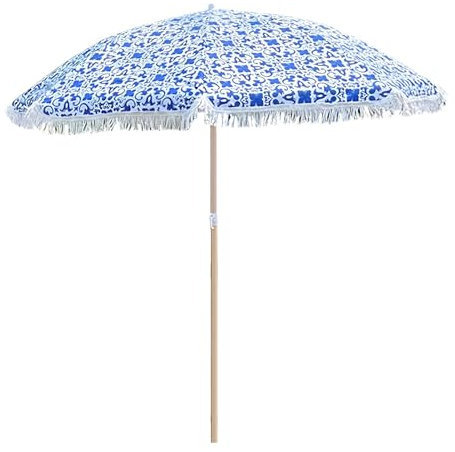 Generisch 160cm Tragbarer Blauer Strandschirm mit Quaste, Terrassenschirm in Holzoptik mit Kippbarem Winkel, Runder Sonnenschirm für Garten, Balkon