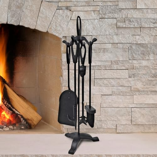 Marco Paul 5pc Fireside Companion Set Heavy Duty Steel Companion Sets For Log Burners Fireplaces Hard Wearing Black Fire Poker Set Fireplace Tool Sets Long Lasting Fireplace Accessories