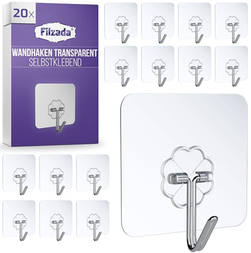 Filzada® 20x Klebehaken Extra Stark bis 10kg 60x60mm Transparent | Wandhaken selbstklebend für Bad, Küche, Fliesen, Glas - Aufhänger rückstandslos ablösbar - Transparente Haken