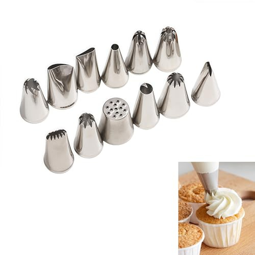 AkNebriax Set professionale da 12 beccucci decorativi in acciaio inossidabile, adatti per sac à poche, riutilizzabili, ideali per decorazioni floreali, crostate e biscotti.