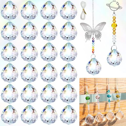 Vleuexe 24 Stück Kristalle zum Aufhängen,kristallkugel,0.8/20mm Prisma Kristall,Sonnenfänger Kristall,Suncatcher fürGarten Fensterdeko,kindergeburtstag basteln,hängende Kronleuchter Anhänger,Geschenk