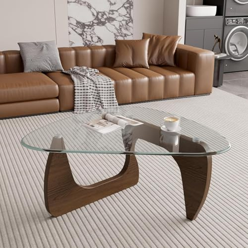 Hawthyhome Beistelltisch Dreieckig, Couchtisch aus Holz&Gehärtetes Glas mit Holzrahmen, Moderner Glas-Kaffeetische Vintage Satztische für Wohnzimmer, Büro Walnuss