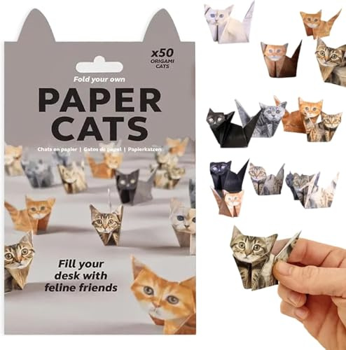 Paper Cats Origami 3D Kit, 50Pcs DIY Origami Cats for Kids Adults, Creative Craft Set Home Desktop Decor (Grey, Cat)