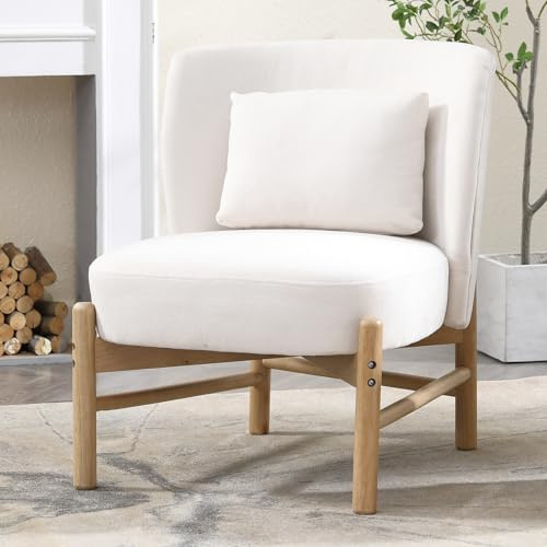Ya-Home Sillon de Salón Individual de Chenille con Almohada Móvil y Patas de Madera, Sillón Orejero Butacas de Salón con Cojin y Respaldo Comodo, Silla Lectura para Dormitorio/Cafe/Oficina,Blanco