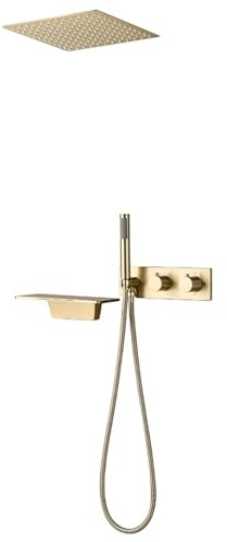 FQYEP Set Doccia Incasso Termostatico Miscelatore Doccia Incasso con 12 Pollici Soffione Tre Funzioni,Oro Spazzolato