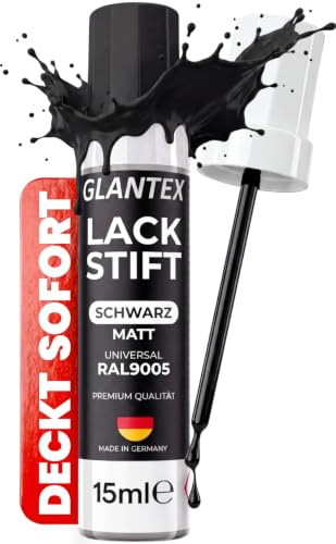 GLANTEX Lackstift Schwarz Matt - 15ml – für Auto, Fahrrad, Metall & Felgen | Hochdeckender Autolack für Kratzer & Steinschläge, RAL9005 Felgen Reparaturset, schnelltrocknender Felgenlack schwarz matt