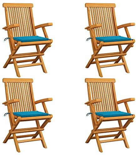 IBUQDDV 4 Stück Gartenstühle aus Massivholz Teak mit Blauen Kissen – Wetterbeständige Klappstühle für Terrasse und Garten – Langlebige Holzstühle mit Polsterung für Komfort
