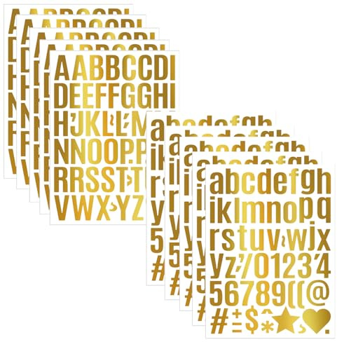 Nzexlyva 10 Sheets Letter Stickers, Stick on Letters, Gold Number Stickers, Self-Adhesive Waterproof Vinyl Decals for Bottle Note Book DIY Scrapbooks Cards Gift Decors Doors Mailbox
