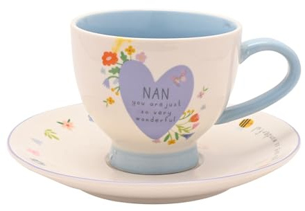 Widdop Love Life Ceramic Cup and Saucer Set, Floral Design with Bumblebee, Nan, Blue and White, 325ml Capacity