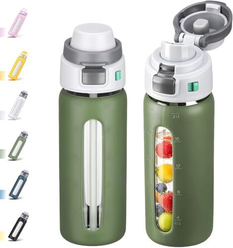 BLUEGO Borraccia 2 in 1 in vetro borosilicato con cannuccia, per sport e viaggi, 600 ml, con manicotto in silicone, a prova di perdite, senza BPA, verde oliva