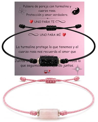 ®Pack pulseras para pareja. Pulsera turmalina negra, pulsera ojo de tigre, pulsera amatista, cuarzo rosa y otras piedras naturales. (turmalina negra+cuarzo rosa hilo rosa)