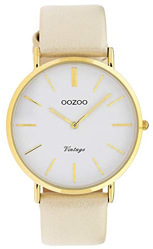Oozoo Vintage Damenuhr mit Lederband 40 MM Goldfarben/Weiß/Beige C9961