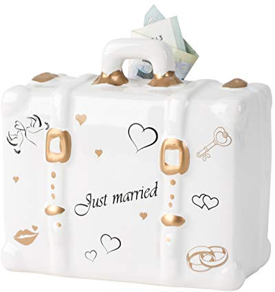 Moderne Spardose Sparschwein Just Married für Hochzeit aus Keramik weiß 15x11 cm