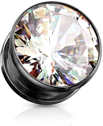 beyoutifulthings Ohr-Tunnel Zirkonia Schwarz Clear Ohr-Piercing Edelstahl Ohr-Schmuck Screw Fit Flesh Plug Schraub-Verschluss 8mm