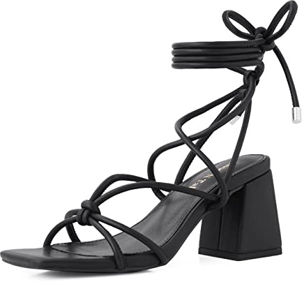 Shoe'N Tale Lace Up Heels for Women Ankle Strappy Gladiator High Heeled Sandals Chunky Block Heel Square Open Toe Criss Cross Dress Shoes(7,Black)
